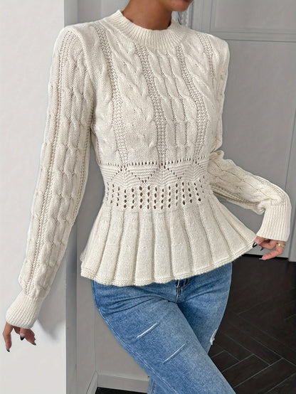 vlovelaw Solid Cable Knit Crew Neck Sweater, Versatile Long Sleeve Hollow Out Sweater For Fall & Winter, Women's Clothing