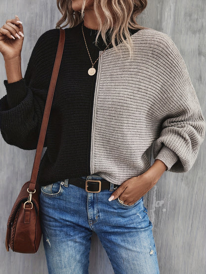 vlovelaw  vlovelaw  Color Block Mock Neck Pullover Sweater, Casual Long Sleeve Loose Sweater, Women's Clothing
