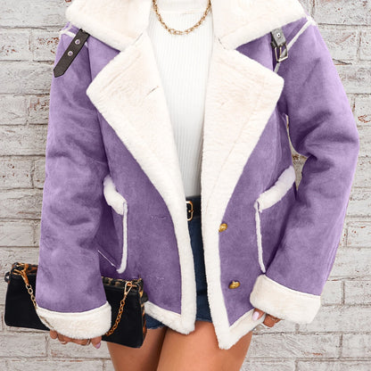 vlovelaw  Lapel Plush Jacket, Winter Warm Casual Outwear, Women's Clothing