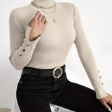 vlovelaw  Solid Turtle Neck Slim Pullover Sweater, Casual Long Sleeve Fake Button Sweater For Fall & Winter, Women's Clothing