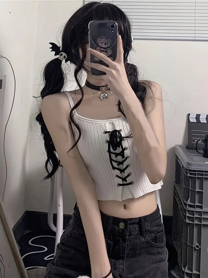 vlovelaw  Lace Up Cami Top, Y2K Sleeveless Crop Top For Spring & Summer, Women's Clothing