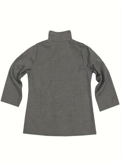 vlovelaw  Plus Size Casual Coat, Women's Plus Solid Long Sleeve Button Up Stand Collar Tunic Coat With Pockets