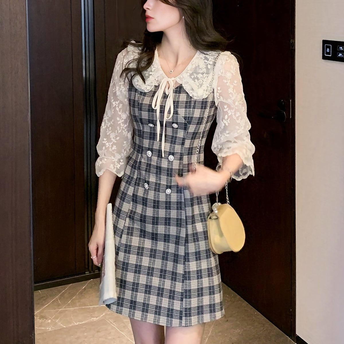 Plaid Print Contrast Lace Dress, Elegant Bodycon Tie Front A Line Dress, Women's Clothing