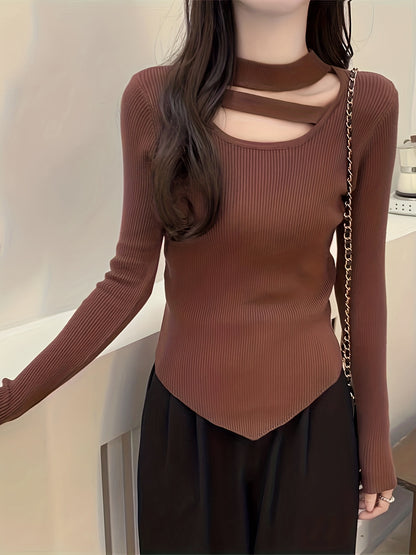 vlovelaw  Cut Out Hanky Hem Sweater, Versatile Long Sleeve Slim Solid Sweater, Women's Clothing