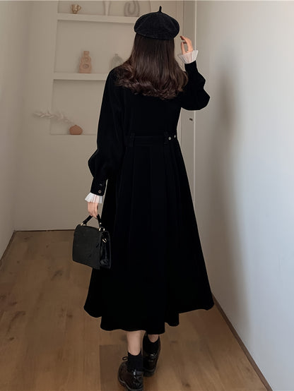 vlovelaw  Ruffle Trim Button Front A-line Dress, Chic Long Sleeve Belt Midi Length Dress, Women's Clothing