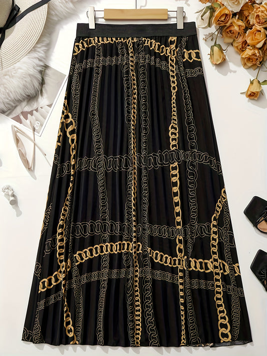 Plus Size Elegant Skirt, Women's Plus Baroque Print Slight Stretch Contrast Tape Pleated Maxi Skirt