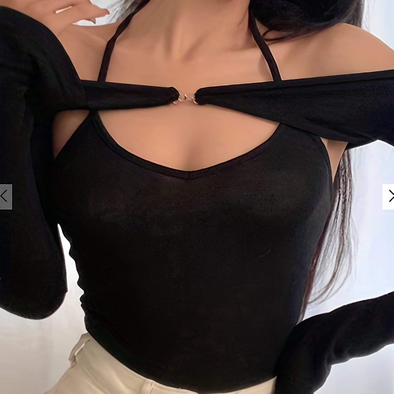 vlovelaw  Solid Sexy Two-piece Set, Off Shoulder Long Sleeve Tops & Backless Halter Top Outfits, Women's Clothing
