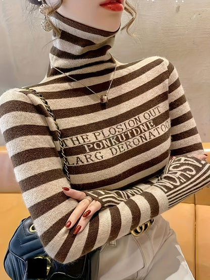 Letter & Striped Pattern Slim Pullover Sweater, Casual Long Sleeve Inner Wear Sweater, Women's Clothing
