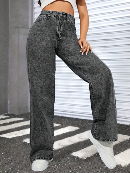 Loose Fit Washed Baggy Jeans, Slant Pockets Non-Stretch Casual Wide Legs Jeans, Women's Denim Jeans & Clothing