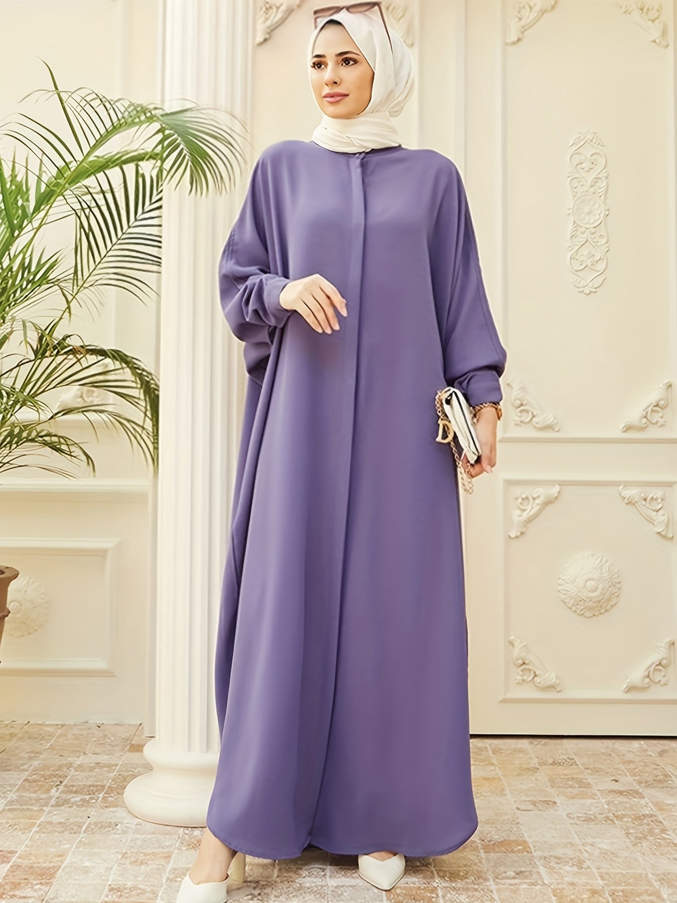 vlovelaw Solid Batwing Sleeve Kaftan Abaya, Elegant Loose Split Maxi Length Dress, Women's Clothing