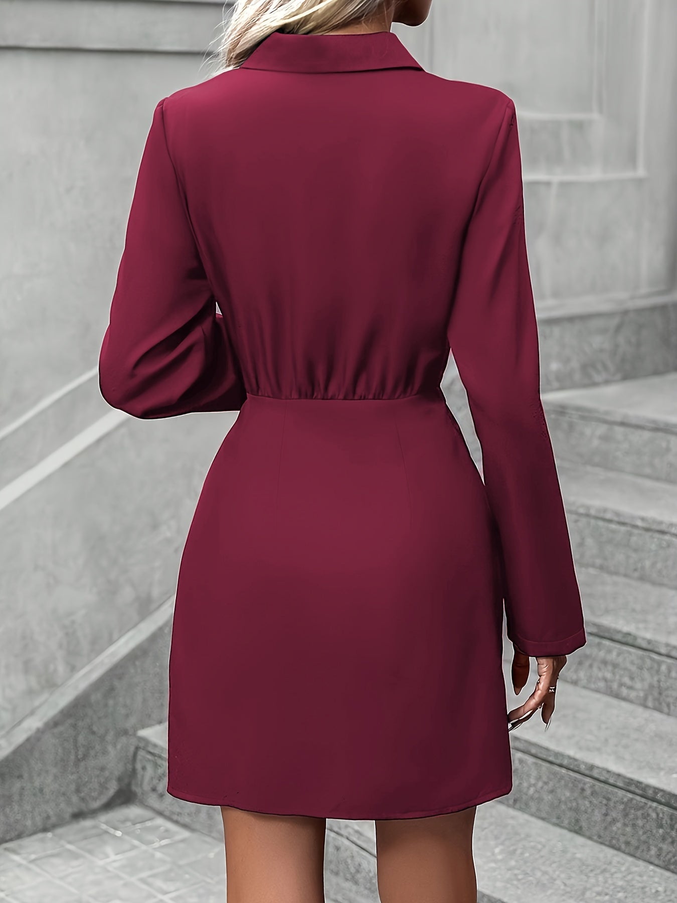 vlovelaw  Solid Bodycon Mini Dress, Elegant Contrast Collar Long Sleeve Dress, Women's Clothing