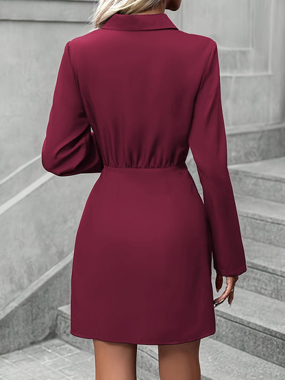 vlovelaw  Solid Bodycon Mini Dress, Elegant Contrast Collar Long Sleeve Dress, Women's Clothing