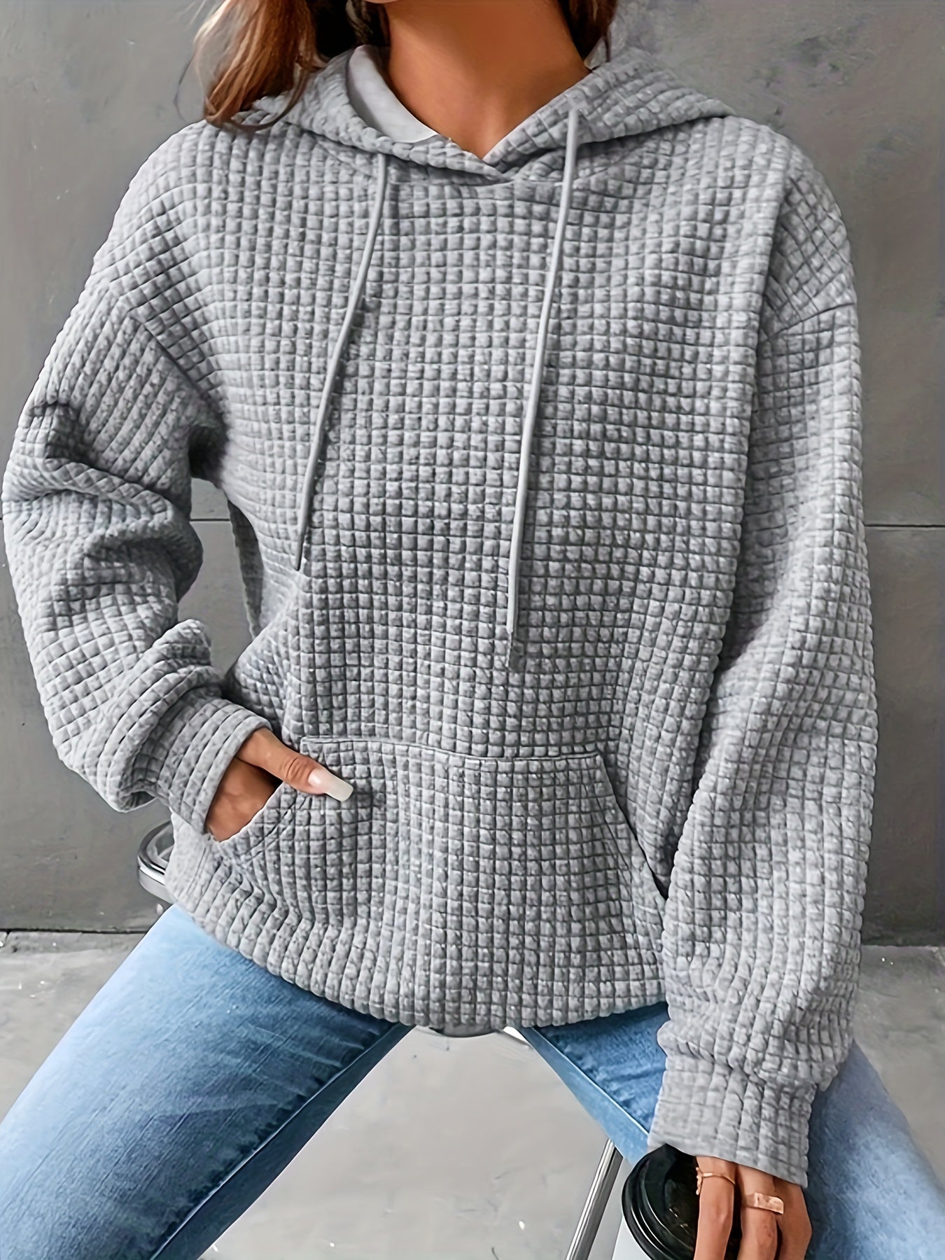 vlovelaw  Plus Size Casual Sweatshirt, Women's Plus Solid Waffle Knit Long Sleeve Drawstring Hoodie With Giant Pocket