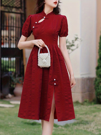 Ruched Split Dress, Elegant Solid Puff Sleeve Midi Dress, Women's Clothing