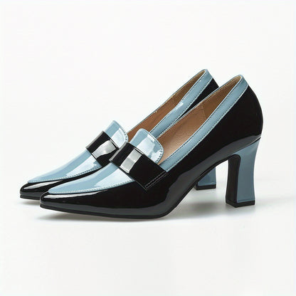 High Heel Womens Mary-Jane Colorblock Pumps - Water-Resistant, Soft Synthetic Leather Upper, Chunky Block Heel, Pointed Toe, Versatile Style for Fall - Glamorous and Comfortable Shoes for Middle East Fashion