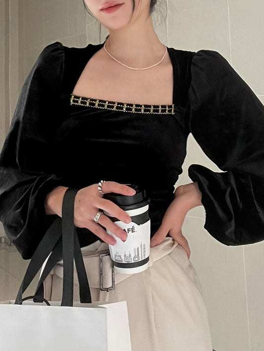 vlovelaw Puff Sleeve Contrast Trim Velvet T-shirt, Elegant Square Neck Long Sleeve Top, Women's Clothing