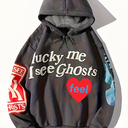 vlovelaw  Lucky Me I See Ghosts Letter Graphic Casual Sports Sweatshirt For Halloween, Fashion Hip Hop  Pullover Hoodie, Women's Tops