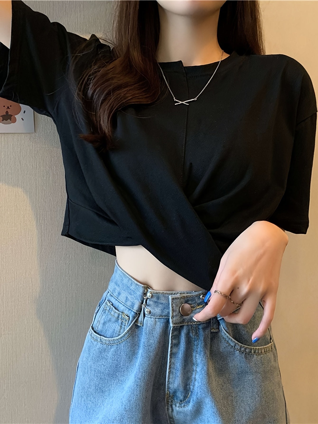 Twist Front Crew Neck Crop T-Shirt, Casual Solid Short Sleeve T-Shirt For Spring & Summer, Women's Clothing