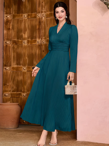 vlovelaw  Solid V Neck Dress, Elegant Long Sleeve Shirred Waist Dress, Women's Clothing