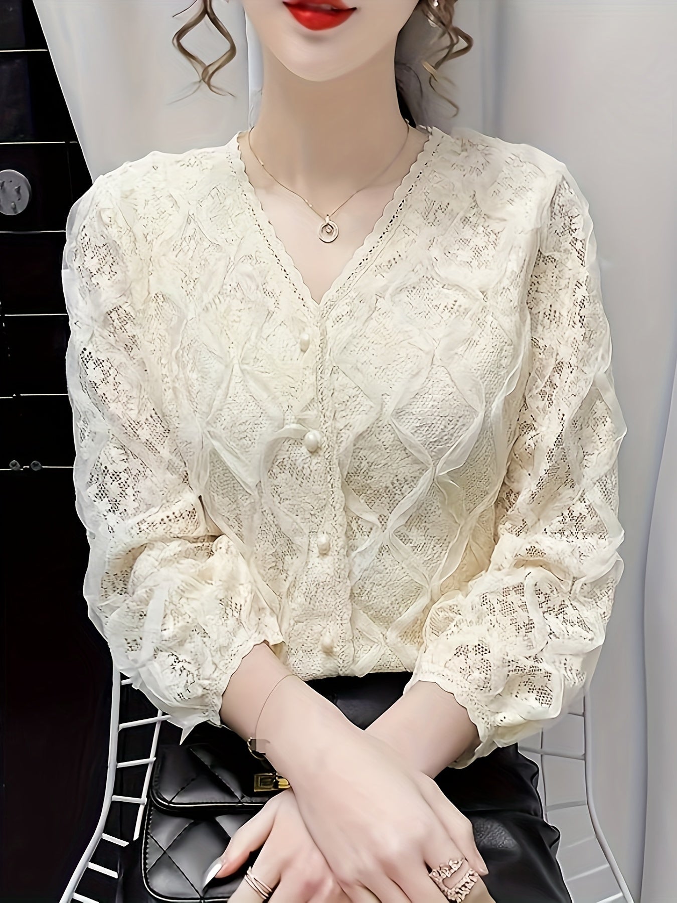 vlovelaw  Lace V Neck Button Front Blouse, Elegant Long Sleeve Blouse For Spring & Fall, Women's Clothing