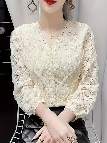 vlovelaw  Lace V Neck Button Front Blouse, Elegant Long Sleeve Blouse For Spring & Fall, Women's Clothing