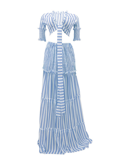 vlovelaw  Sexy Striped Chiffon Print Skirt Two-piece Set, Lace Up Crop Tops & High Waist Long Skirt Set, Women's Clothing