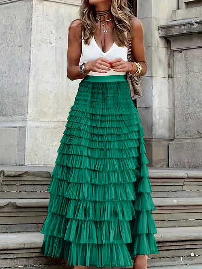 vlovelaw  Mesh Layered Hem Skirt, Boho High Waist Skirt, Women's Clothing