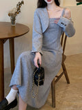 Elegant Matching Two-piece Set, Crop Shrug Top & Maxi Cami Dress Outfits, Women's Clothing