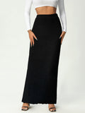Solid Scallop Trim High Waist Skirt, Elegant Long Length Skirt For Spring & Fall, Women's Clothing