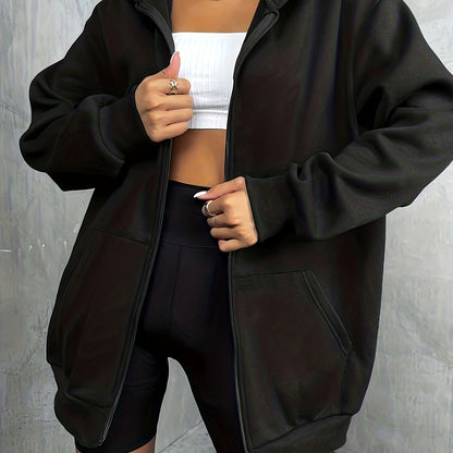vlovelaw  Solid Zip Up Oversized Hoodie, Casual Long Sleeve Pocket Hoodies Sweatshirt, Women's Clothing