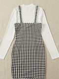 vlovelaw  Simple Elegant Two-piece Set, Solid Long Sleeve Tops & Houndstooth Print Overall Dress Outfits, Women's Clothing