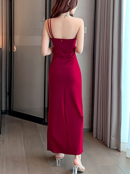 vlovelaw One Shoulder Cut Out Dress, Split Thigh Elegant Sleeveless Dress For Party & Banquet, Women's Clothing