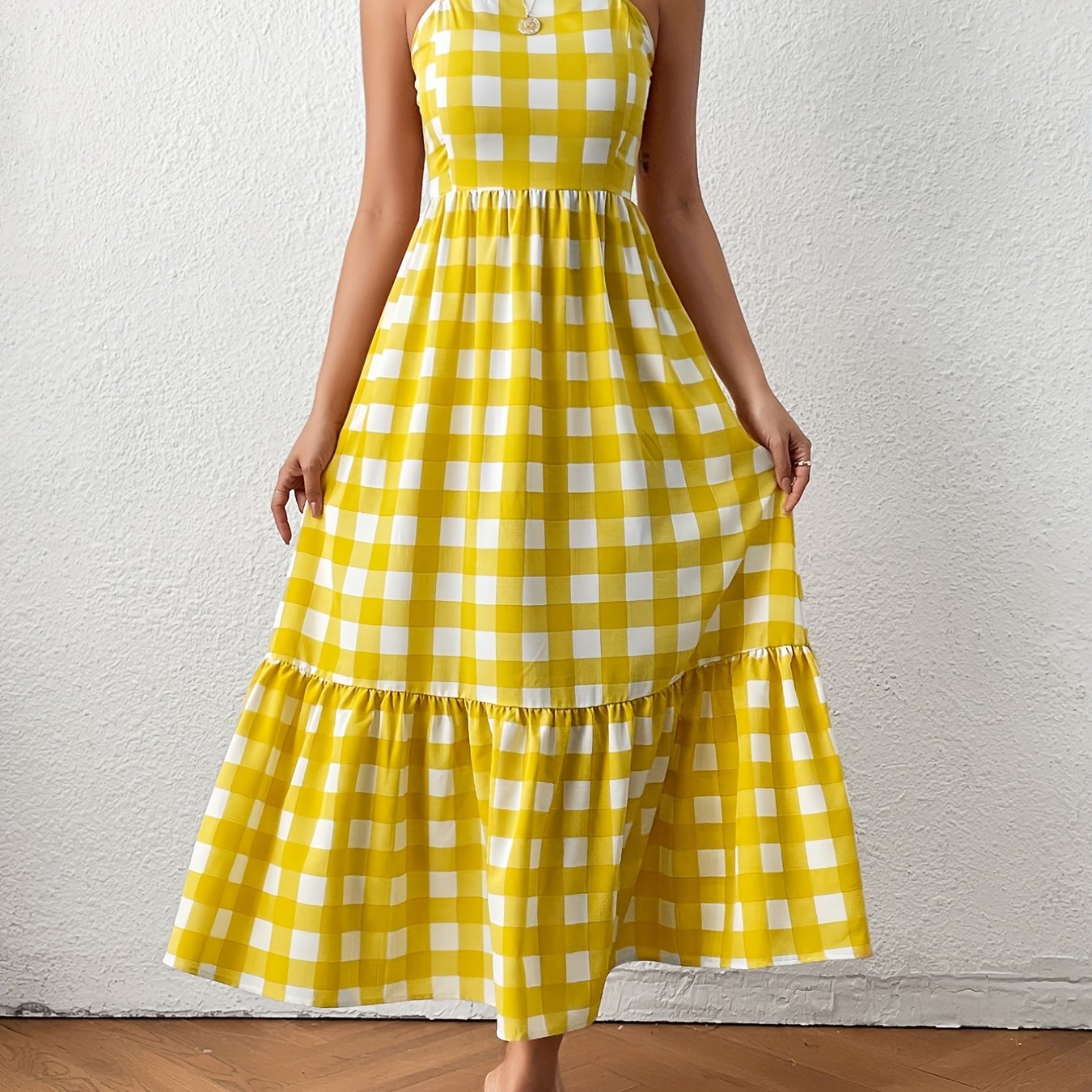 vlovelaw Gingham Print Cami Dress, High Waist Casual Dress For Summer & Spring, Women's Clothing
