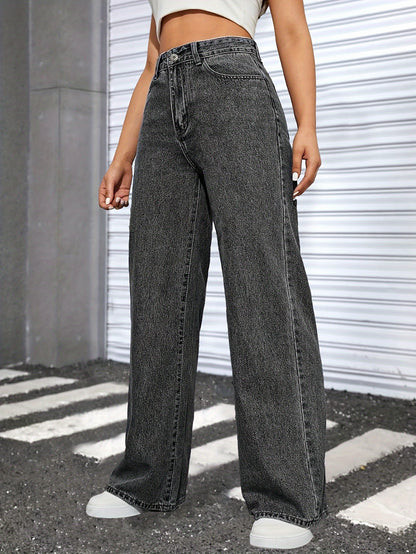Loose Fit Washed Baggy Jeans, Slant Pockets Non-Stretch Casual Wide Legs Jeans, Women's Denim Jeans & Clothing