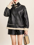 Fuzzy Trim Biker Jacket, Casual Zip Up Long Sleeve Winter Outerwear, Women's Clothing