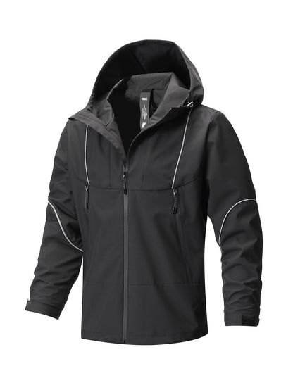 Plus Size Polyester Men's Hooded Sports Coat, Regular Fit, Solid Color, Casual Athletic Outerwear for Spring/Autumn/Winter, Woven Fabric
