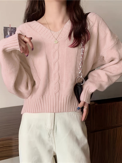 vlovelaw  Solid V Neck Cable Knit Sweater, Casual Long Sleeve Pullover Sweater, Women's Clothing