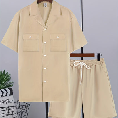 Mens Stylish Lapel Outfit Set - 2 Piece Short Sleeve & Shorts - Ultra-Comfortable Loose Lounge Wear for Effortless Casual Days