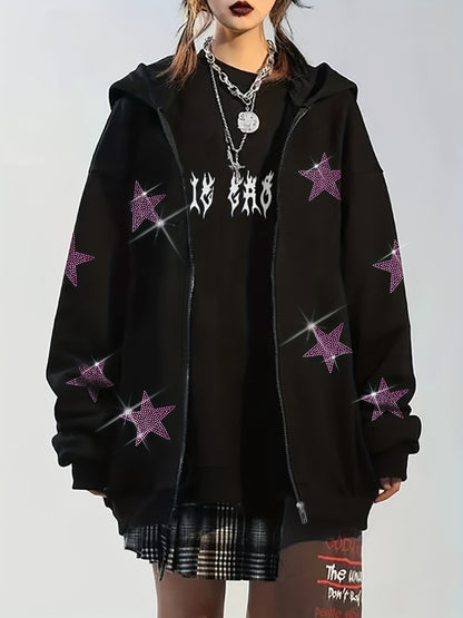 vlovelaw  Star Rhinestone Zip Up Hoodie, Casual Long Sleeve Hoodies Sweatshirt, Women's Clothing