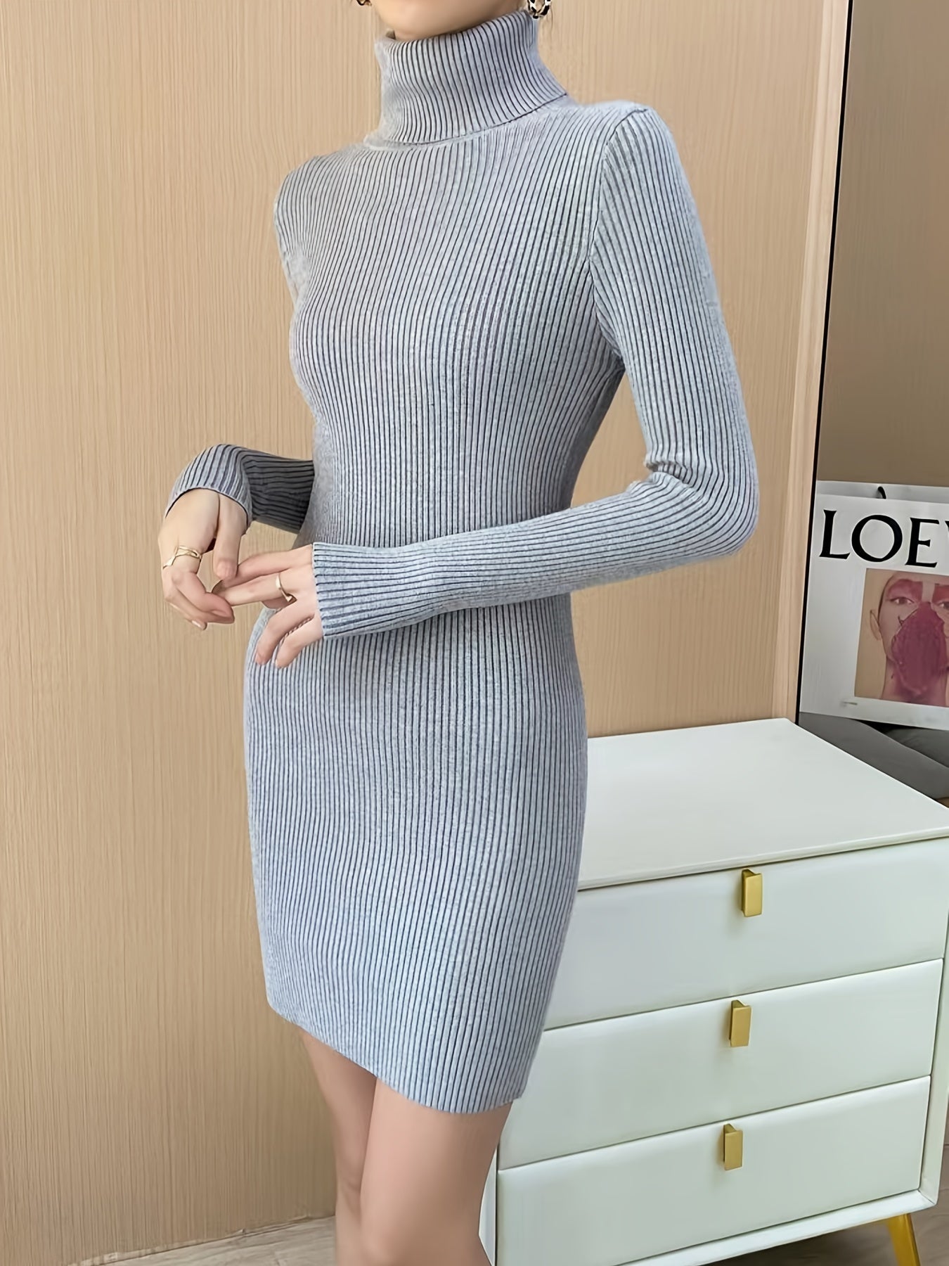 vlovelaw  Elegant Solid Turtleneck Bodycon Dress, Long Sleeve Casual Every Day Dress For Winter & Fall, Women's Clothing