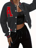 vlovelaw  Alphabets Varsity Jacket, Casual Crop Button Front Jacket, Women's Clothing