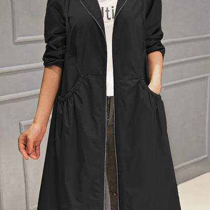 vlovelaw  Plus Size Casual Trench Coat, Women's Plus Solid Long Sleeve Hooded Drawstring Zipper Longline Trench Coat With Pockets
