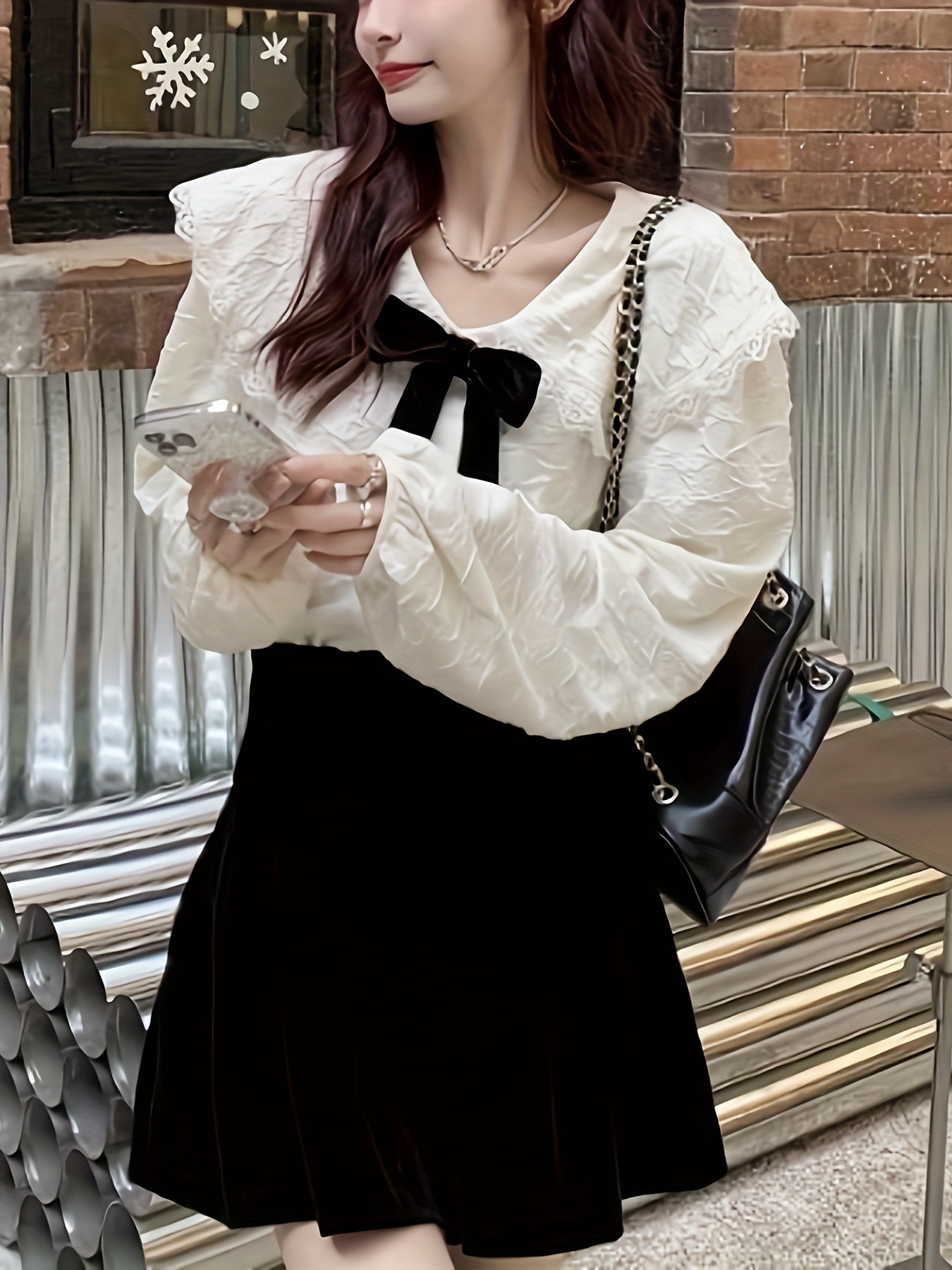 vlovelaw Bow Decor Sailor Collar Blouse, Sweet Long Sleeve Blouse For Spring & Fall, Women's Clothing
