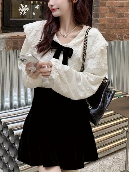 vlovelaw Bow Decor Sailor Collar Blouse, Sweet Long Sleeve Blouse For Spring & Fall, Women's Clothing