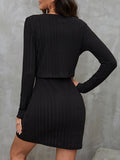 Ribbed Solid Two-piece Set, Button Front Long Sleeve Cardigan & Spaghetti Strap Bodycon Dress Outfits, Women's Clothing