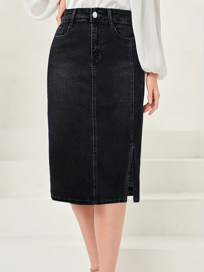 Side Split Vintage Washed Midi Denim Skirt, Zipper Button Closure Solid Color Slash Pocket Denim Skirt, Women's Denim Jeans & Clothing