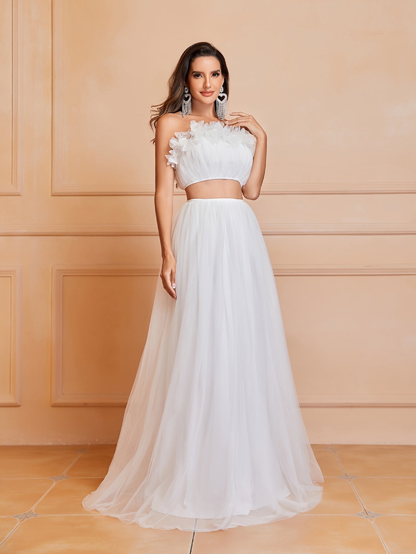 vlovelaw  Mesh Ruffle Trim Matching Two-piece Skirt Set, Elegant Crop Sleeveless Tube Top & High Waist Loose Skirt Outfits, Women's Clothing