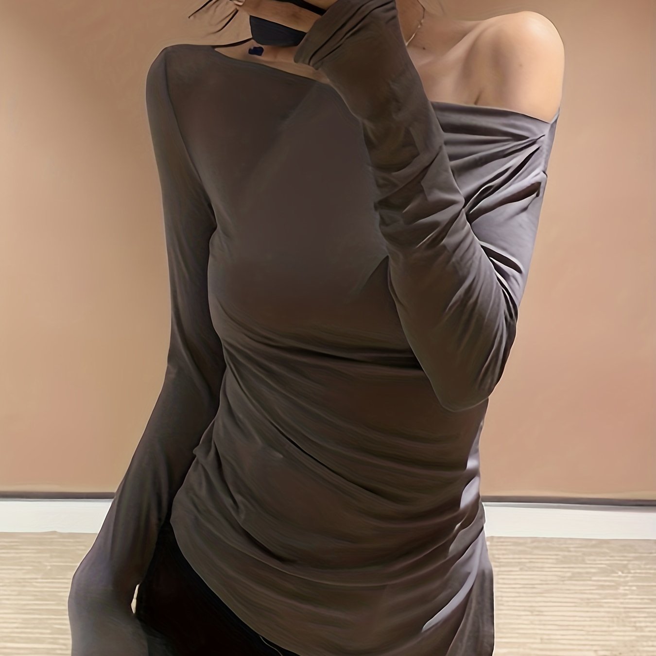 Solid Off Shoulder T-shirt, Casual Long Sleeve Slim Top For Spring & Fall, Women's Clothing