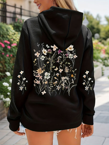 vlovelaw  Plus Size Casual Sweatshirt, Women's Plus Floral Print Long Sleeve Drawstring Hoodie Sweatshirt With Pockets