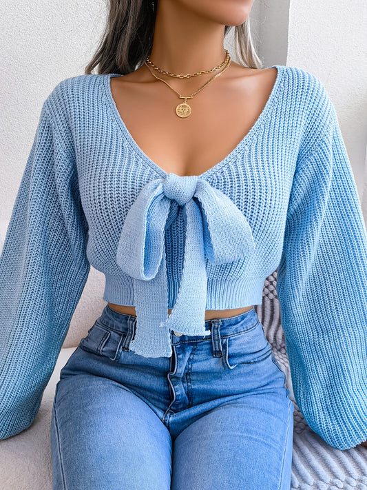 vlovelaw Sexy Bowknot V Neck Crop Sweater, Casual Lantern Long Sleeve Loose Fall Winter Knit Sweater, Women's Clothing